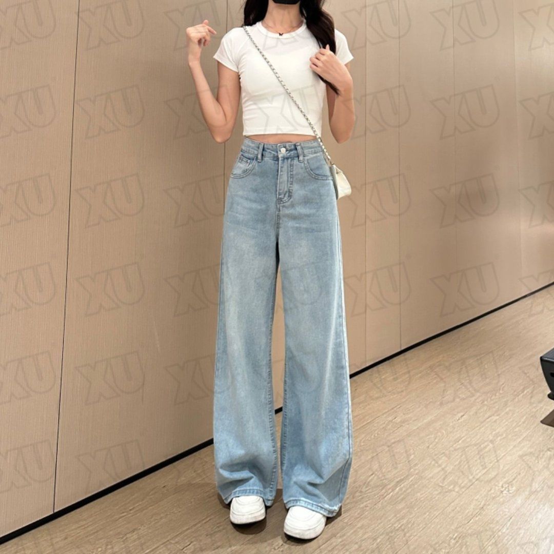 Women's Retro High Waist Light Blue Wide Leg Jeans