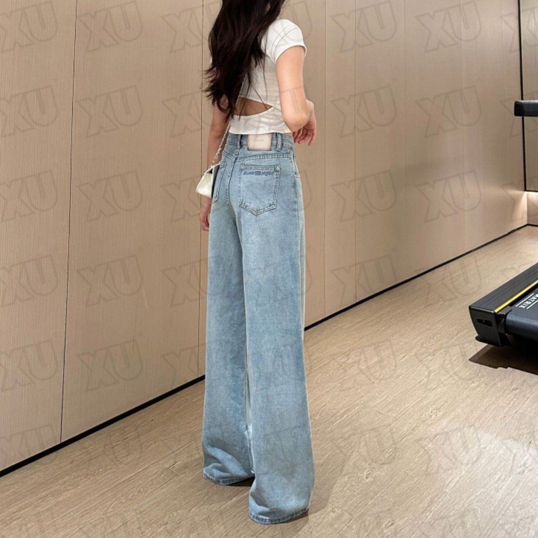 Women's Retro High Waist Light Blue Wide Leg Jeans