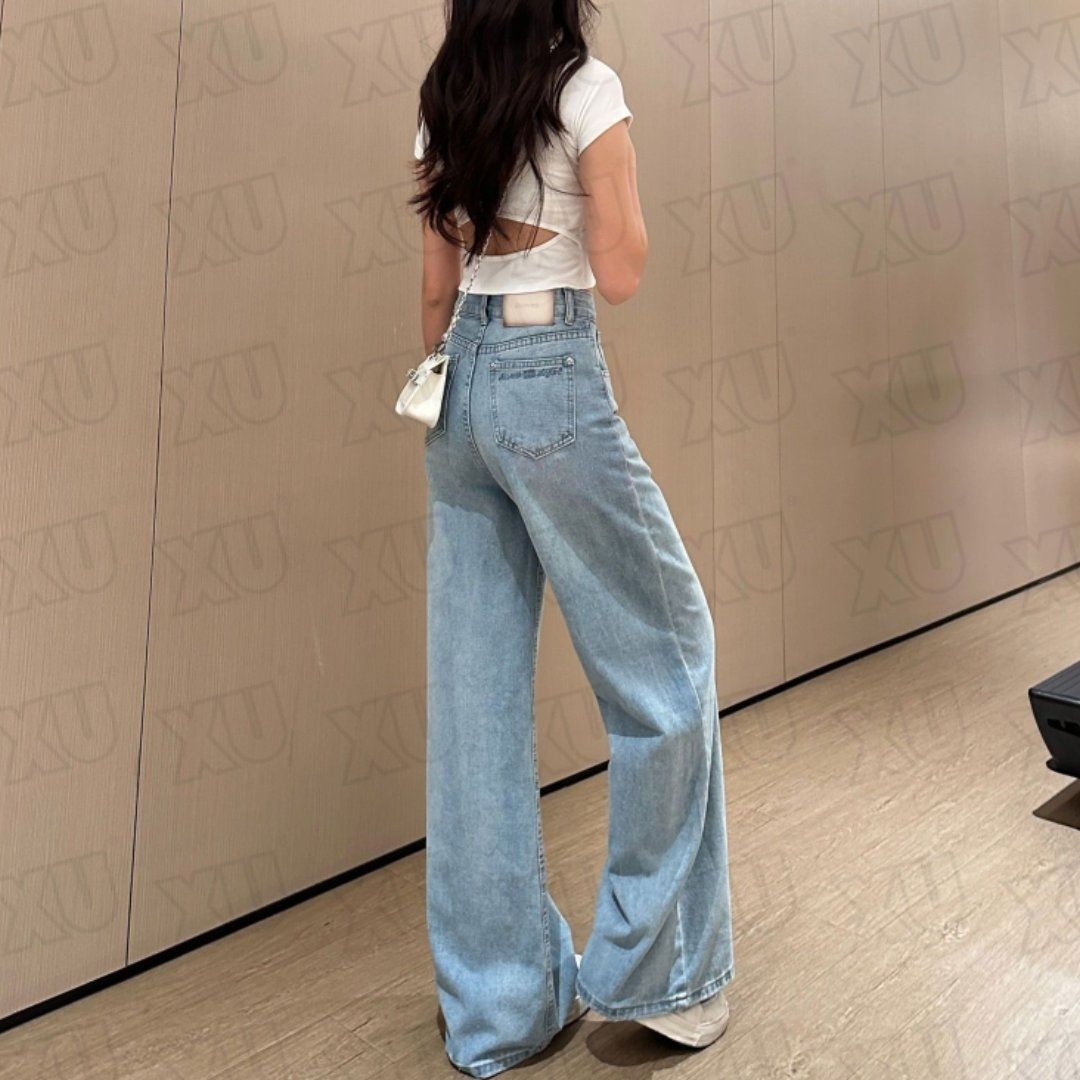 Women's Retro High Waist Light Blue Wide Leg Jeans