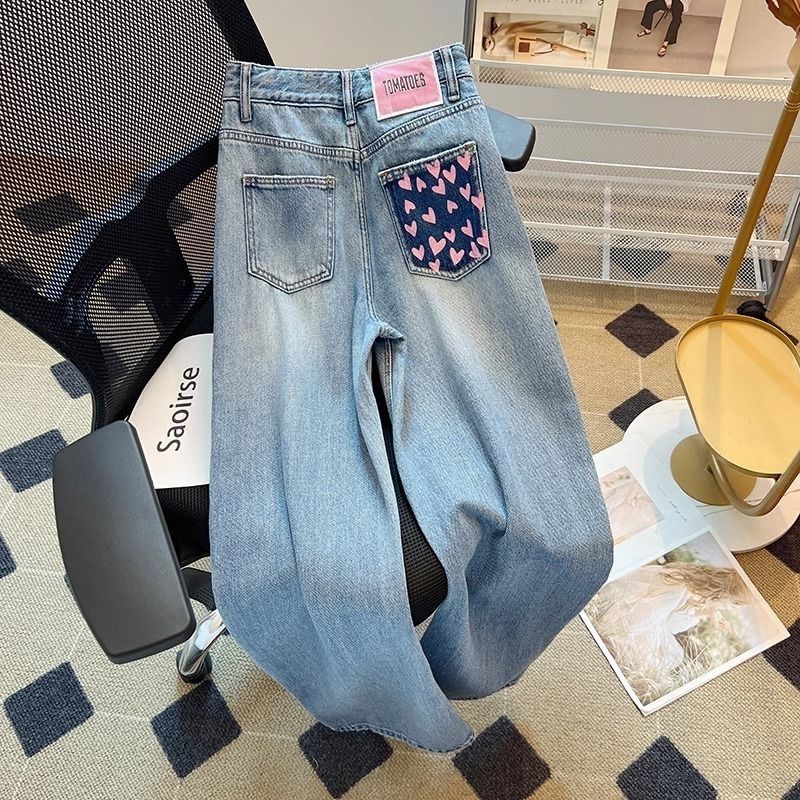 Light Blue Heart Pocket Wide-Leg Jeans for Women