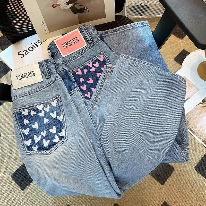 Light Blue Heart Pocket Wide-Leg Jeans for Women