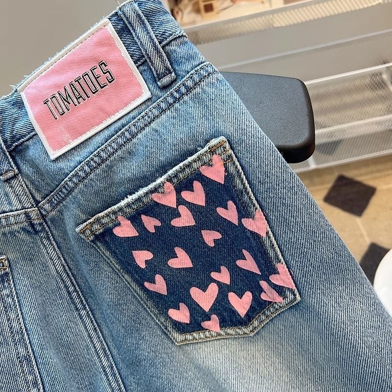 Light Blue Heart Pocket Wide-Leg Jeans for Women