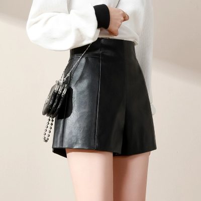 PU Leather Loose High Waist Bootcut Shorts for Fall and Winter