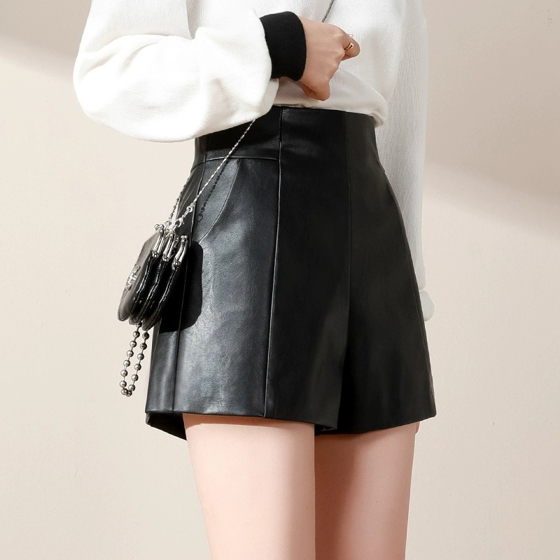 PU Leather Loose High Waist Bootcut Shorts for Fall and Winter