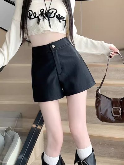 Women's Leather Shorts for Autumn Winter Slimming Design