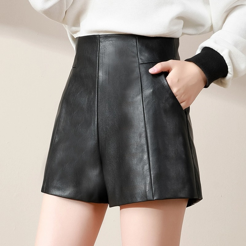 PU Leather Loose High Waist Bootcut Shorts for Fall and Winter