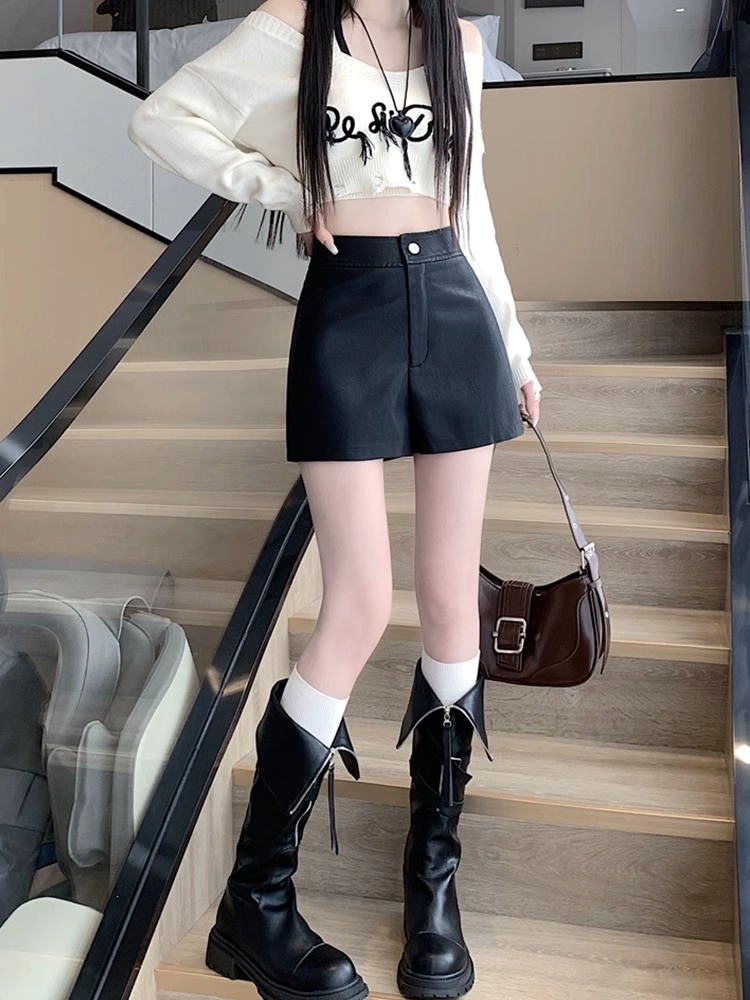 Women's Leather Shorts for Autumn Winter Slimming Design