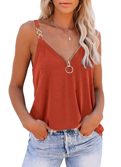 Women's Sexy Sleeveless Zip V-Neck Print Top