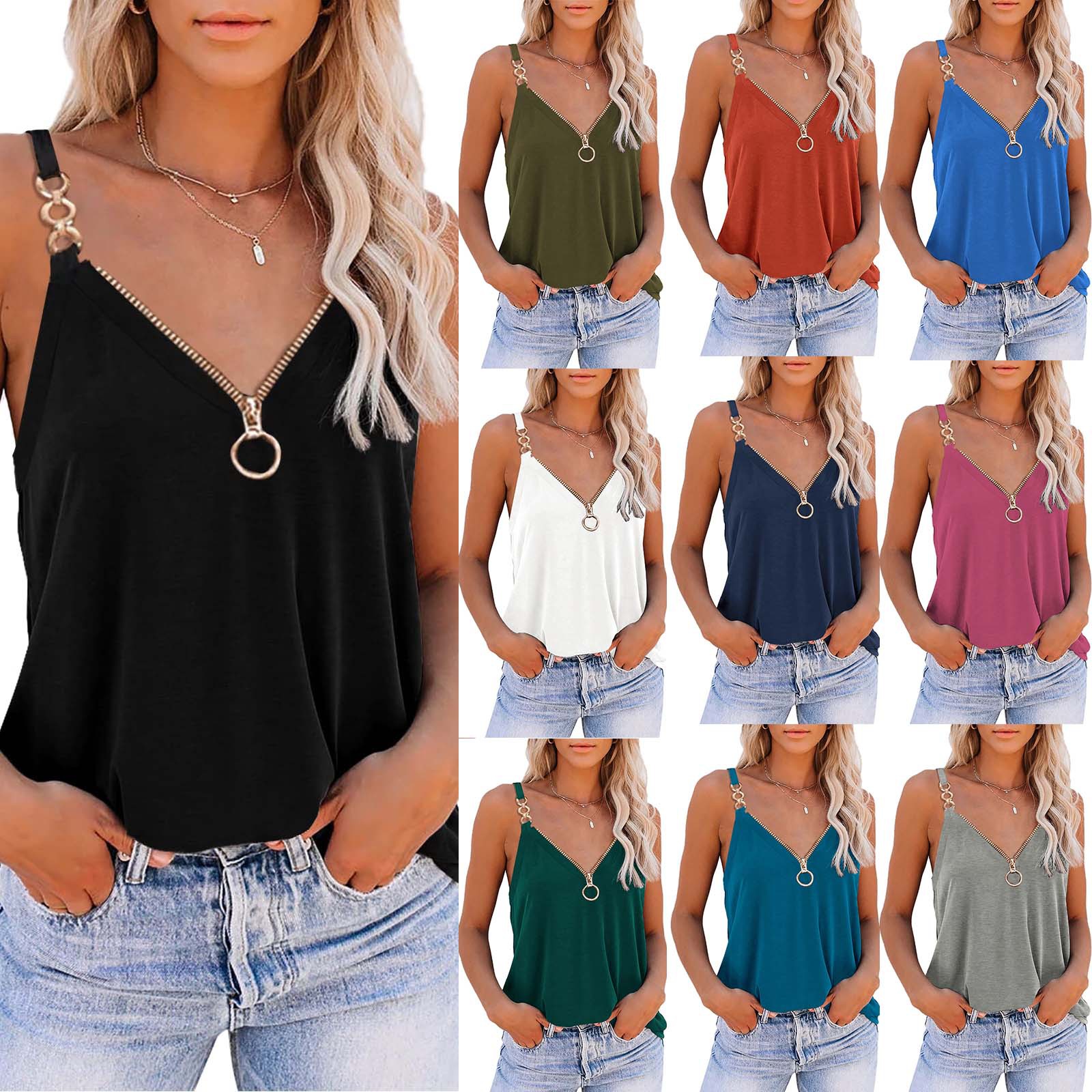 Women's Sexy Sleeveless Zip V-Neck Print Top