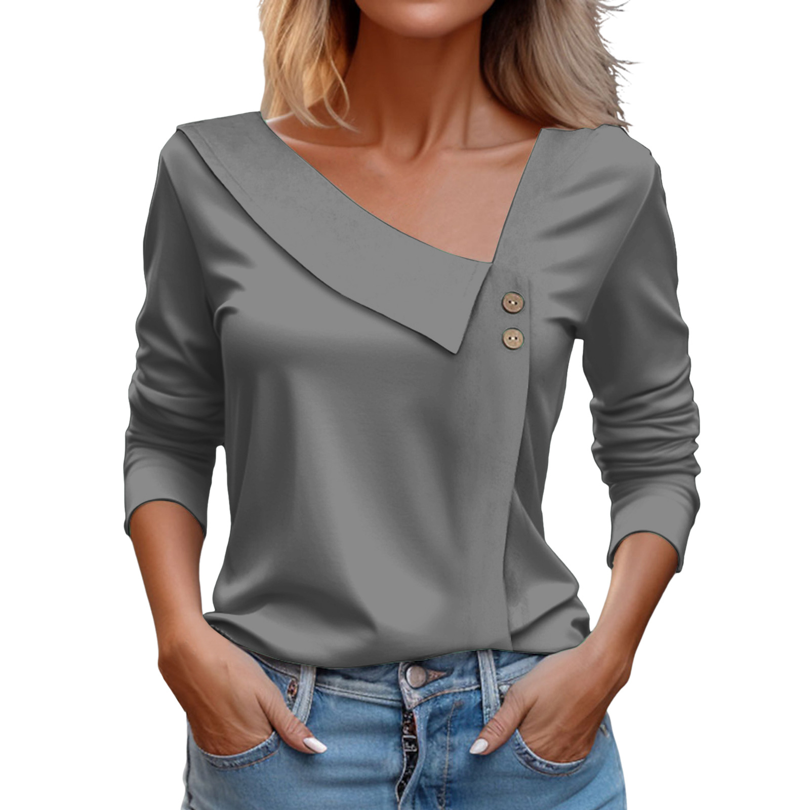 V-Neck Button-Trimmed Long Sleeve Casual Pullover T-Shirt