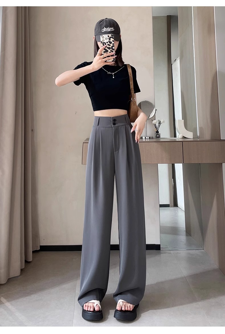 Women's Korean Style High-Waisted Straight Ice Silk Trousers