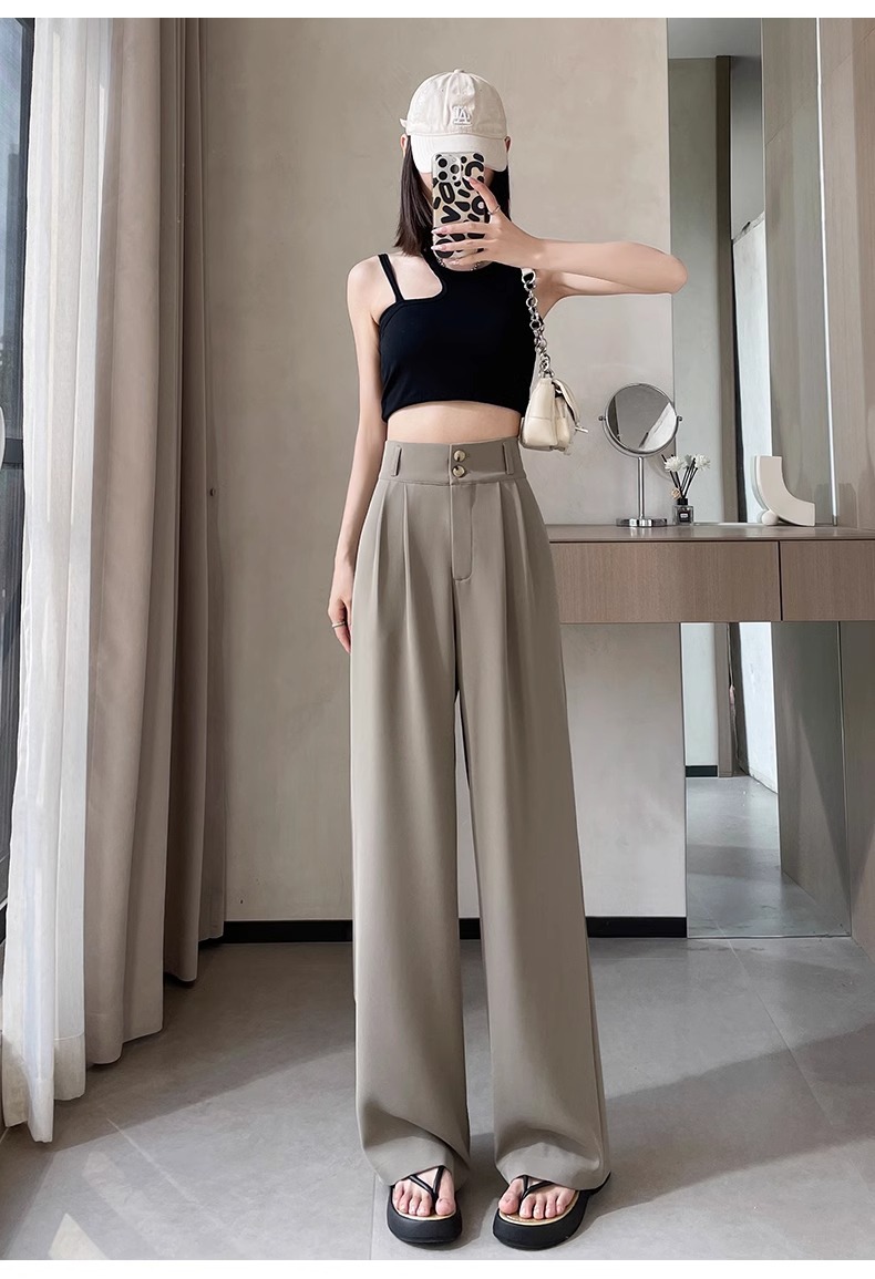 Women's Korean Style High-Waisted Straight Ice Silk Trousers