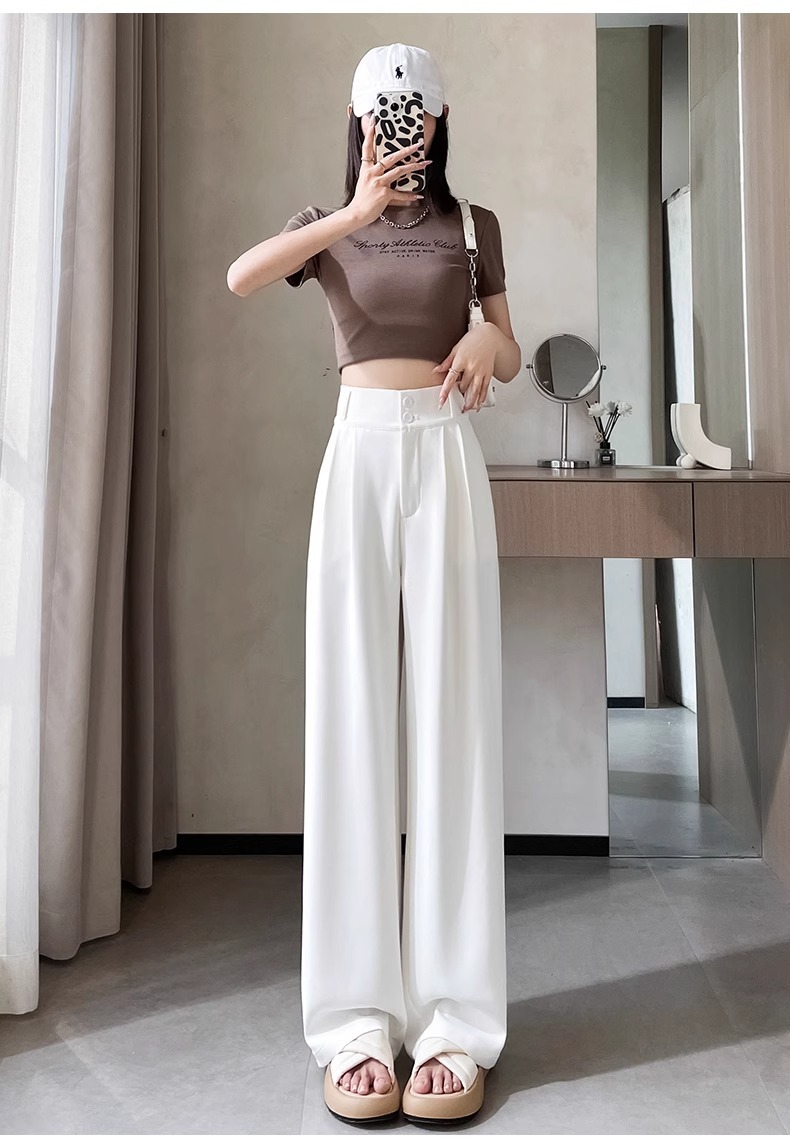 Women's Korean Style High-Waisted Straight Ice Silk Trousers