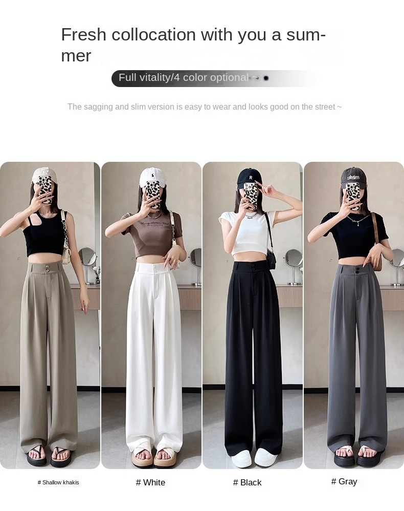 Women's Korean Style High-Waisted Straight Ice Silk Trousers