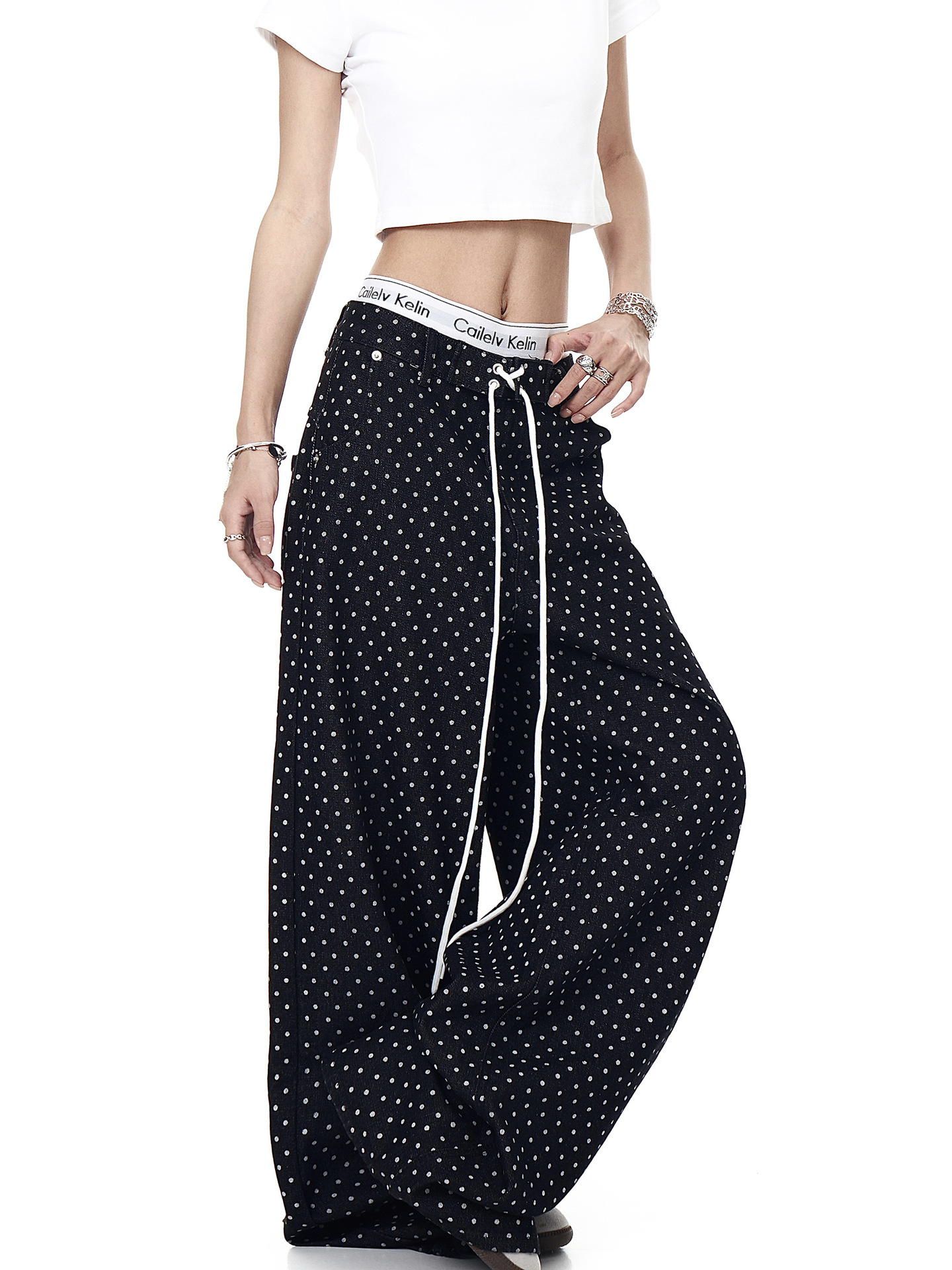 Men's Vintage American White Polka Dot Drawstring Jeans