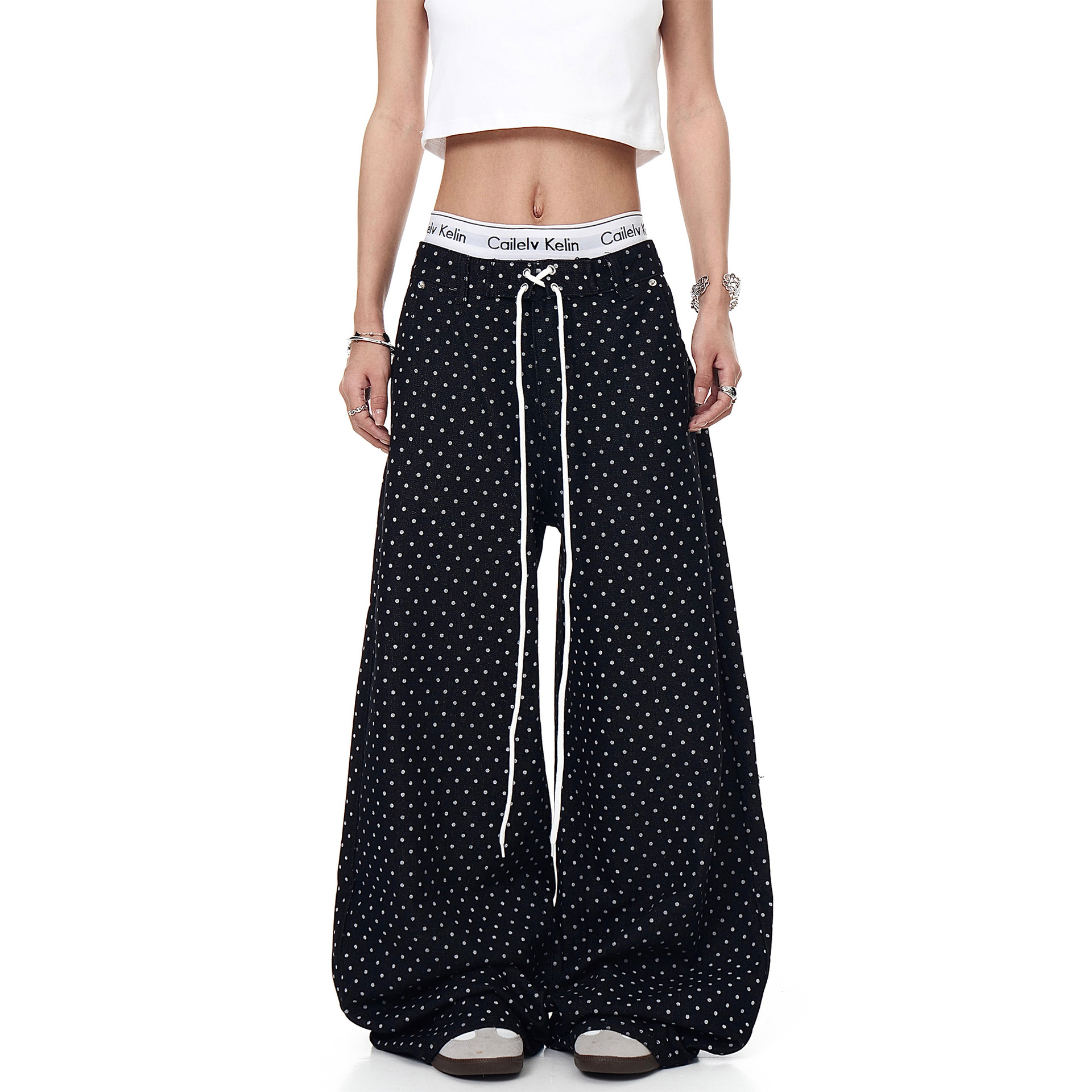 Men's Vintage American White Polka Dot Drawstring Jeans