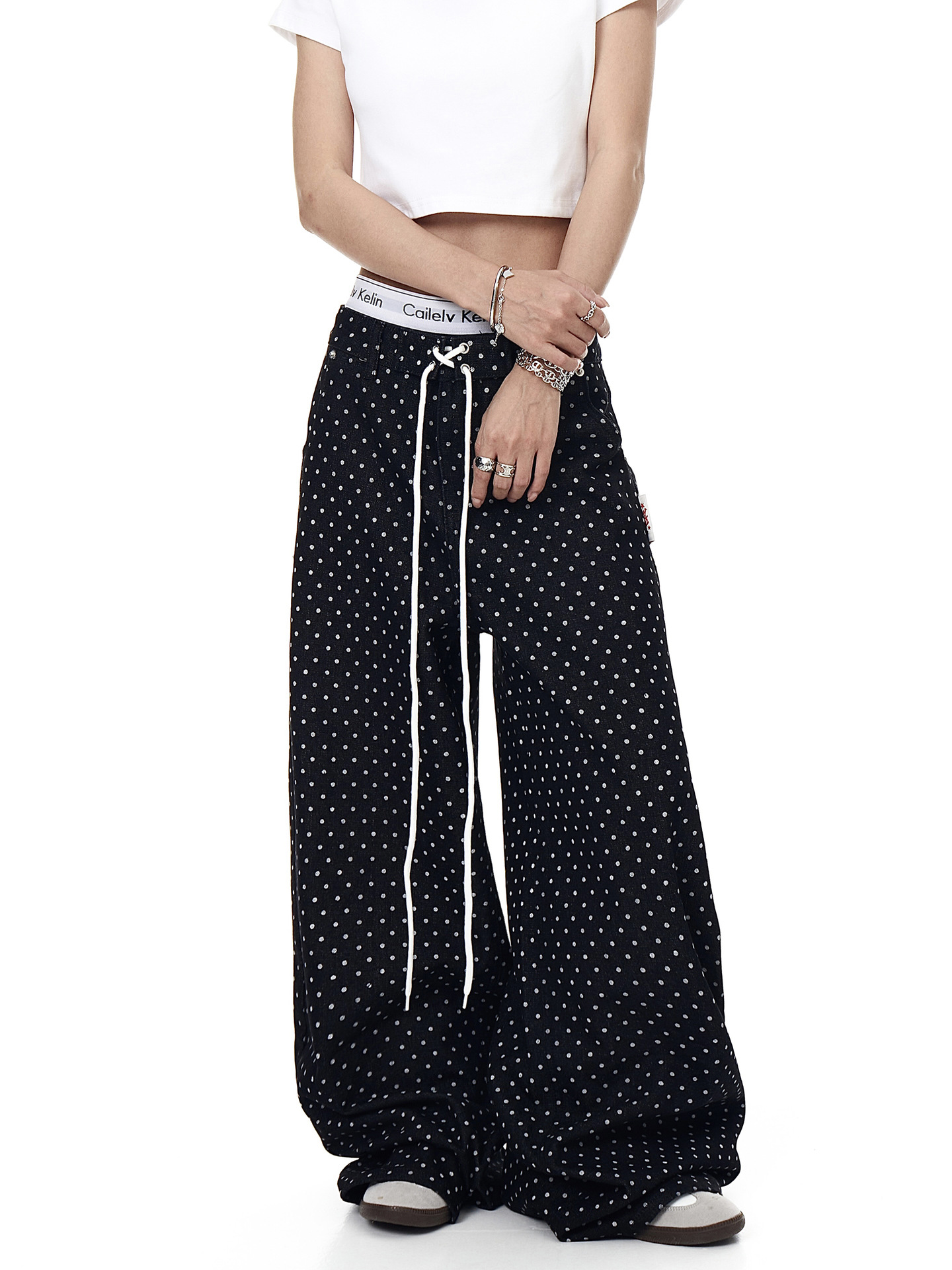 Men's Vintage American White Polka Dot Drawstring Jeans