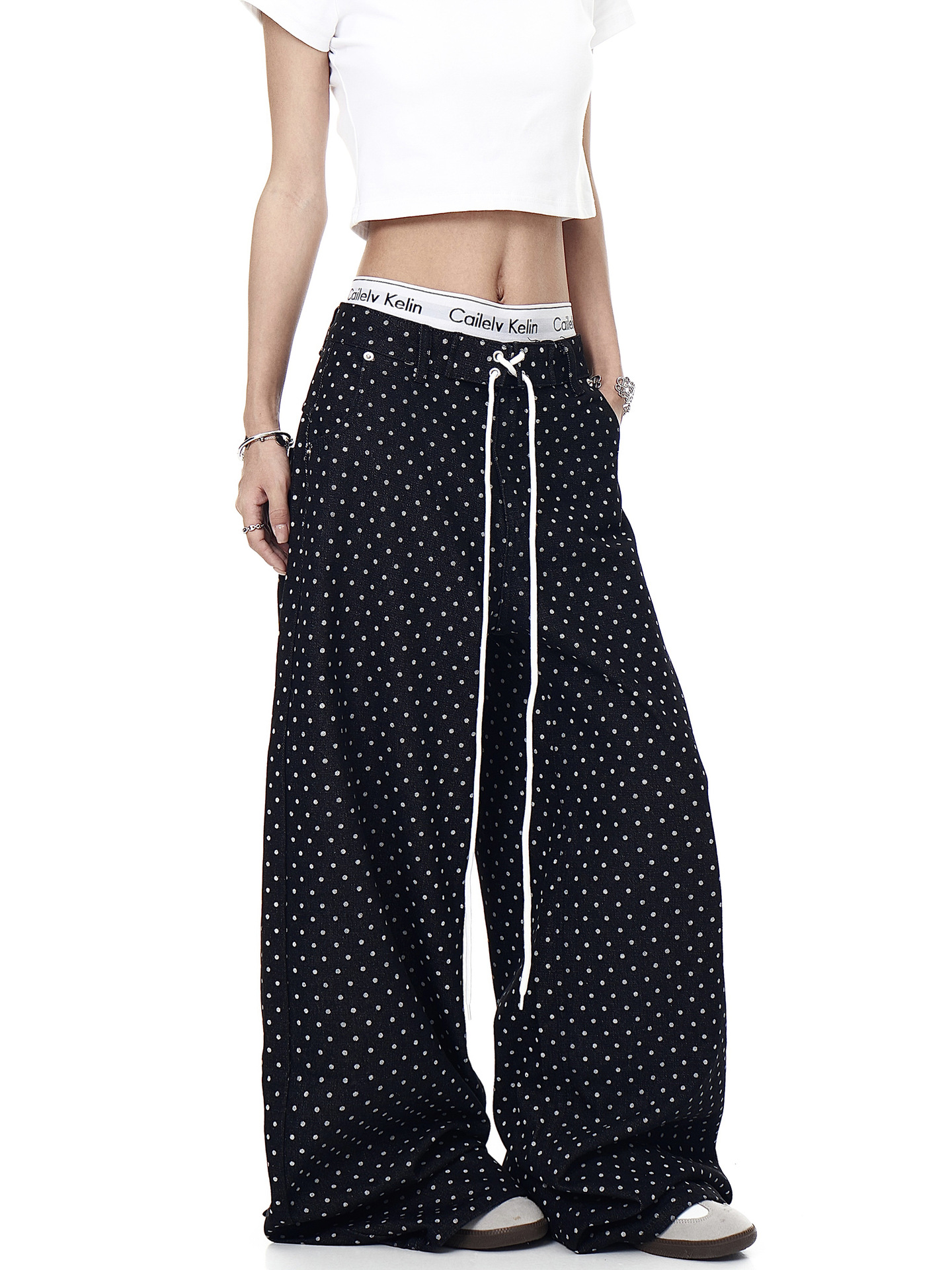 Men's Vintage American White Polka Dot Drawstring Jeans