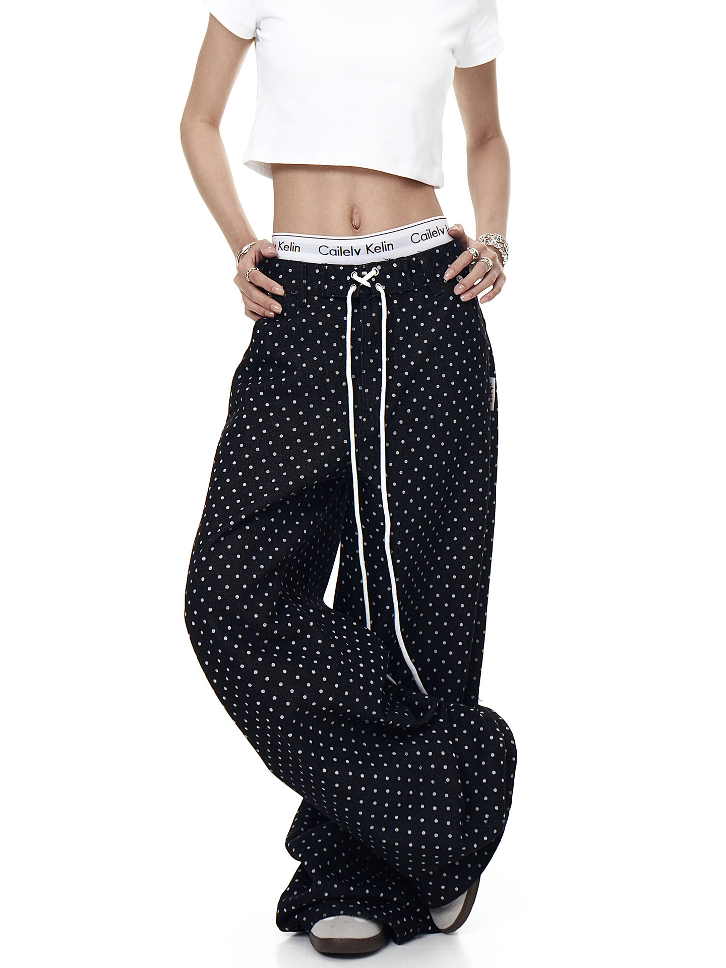Men's Vintage American White Polka Dot Drawstring Jeans
