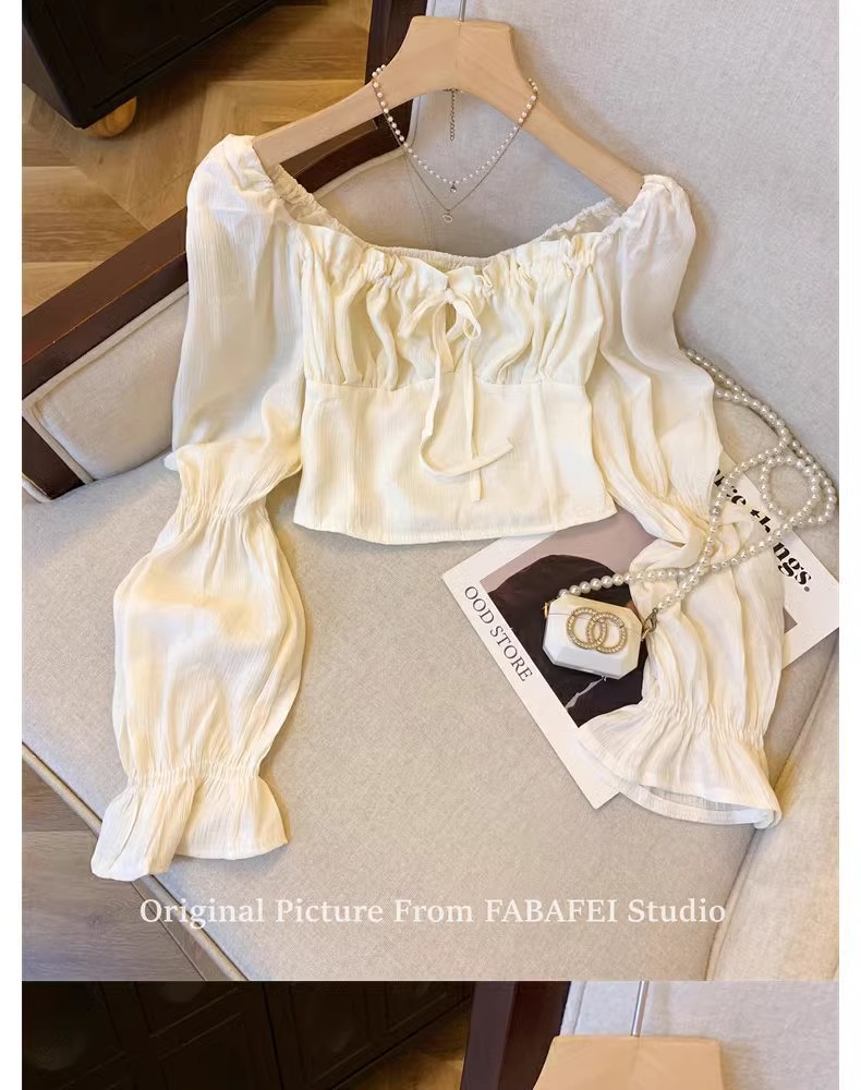 Women's Sweet Spicy Square Neck Long Sleeve Cropped Shirt