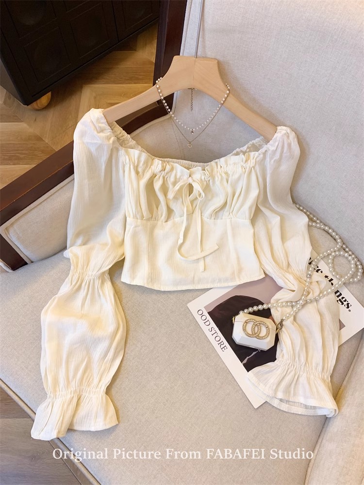 Women's Sweet Spicy Square Neck Long Sleeve Cropped Shirt