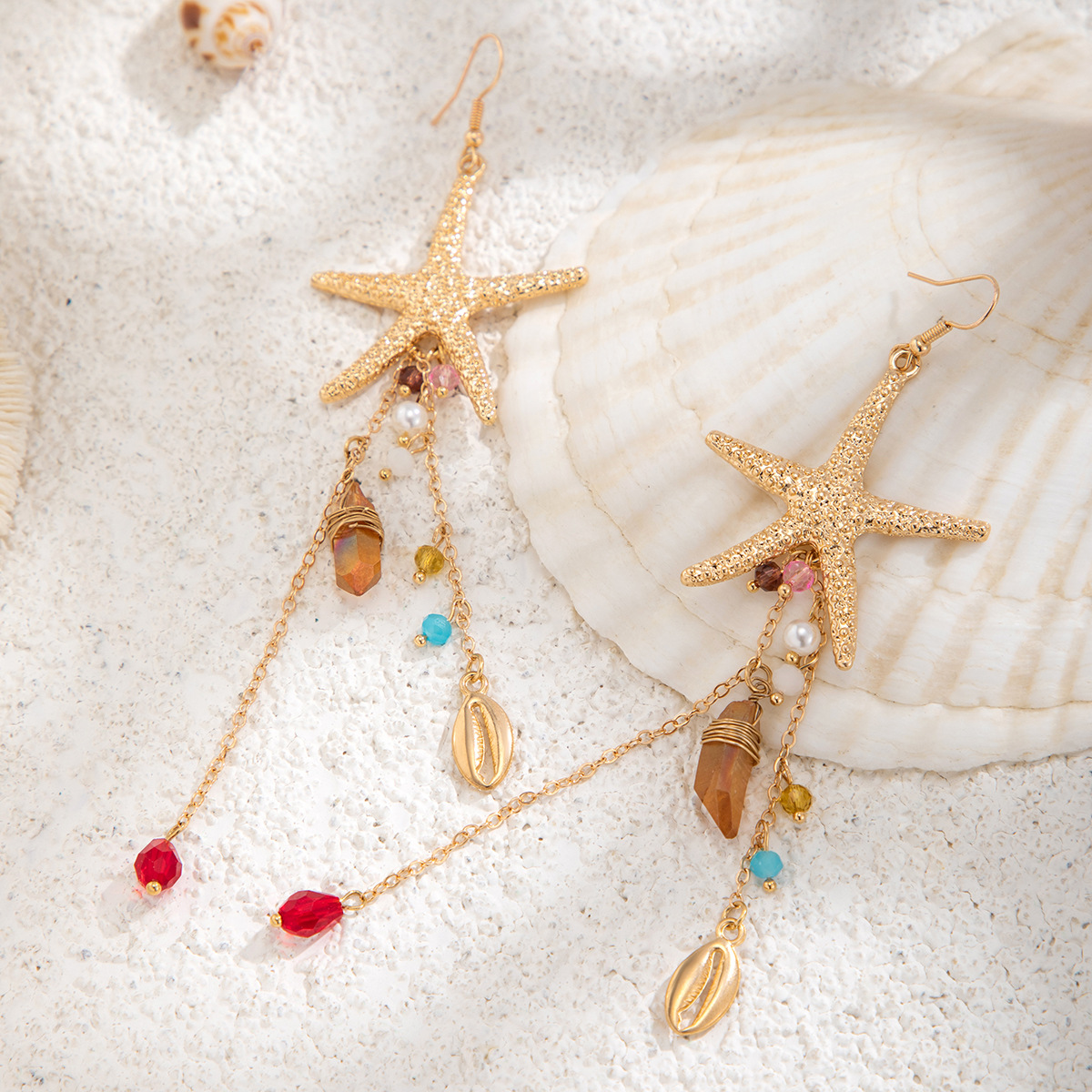 Beach Starfish Jellyfish Alloy Earring with Crystal Tassel