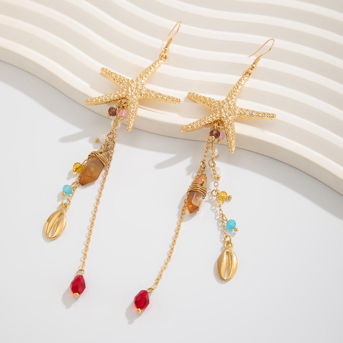 Beach Starfish Jellyfish Alloy Earring with Crystal Tassel