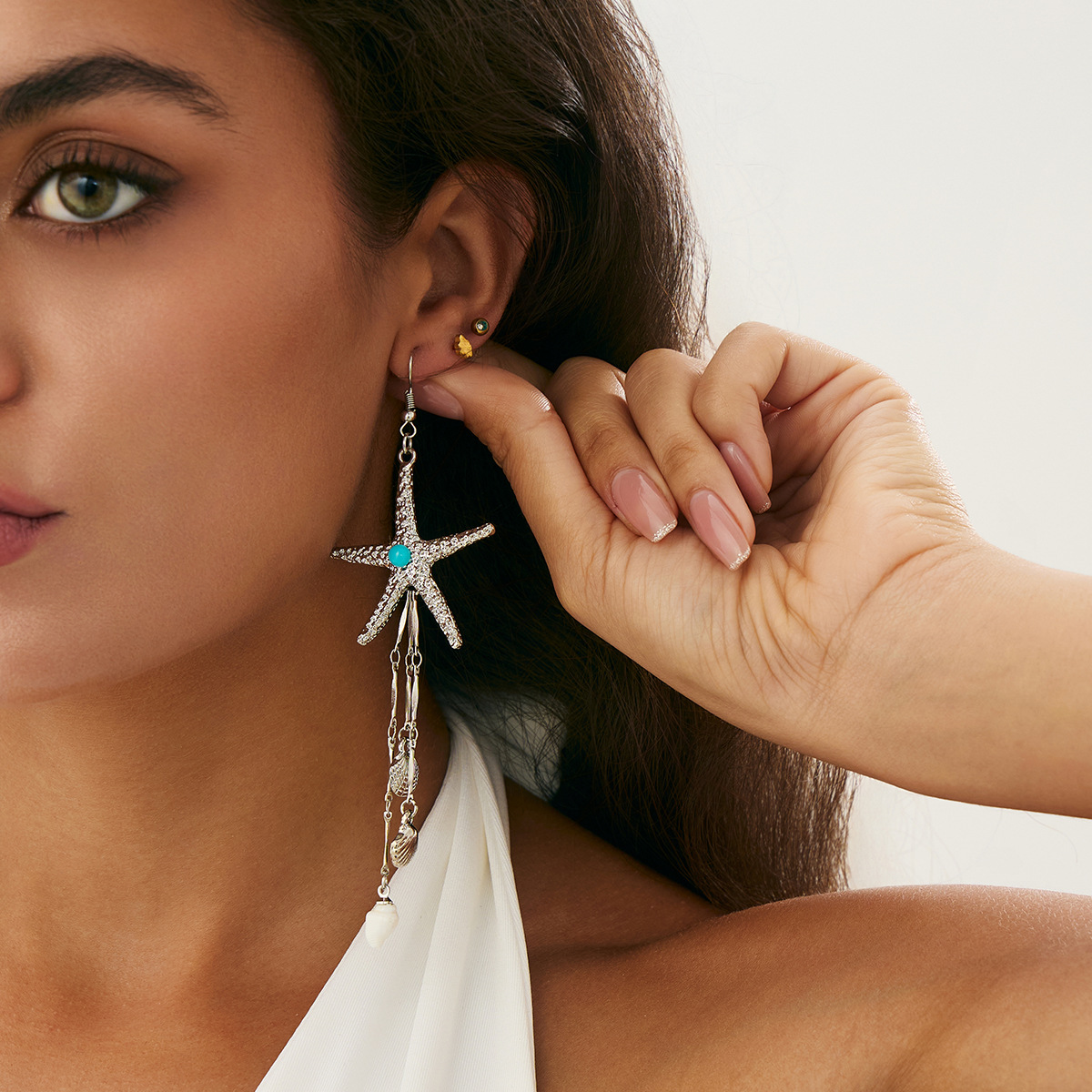 Beach Starfish Jellyfish Alloy Earring with Crystal Tassel
