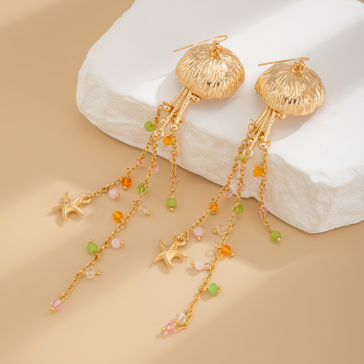Beach Starfish Jellyfish Alloy Earring with Crystal Tassel