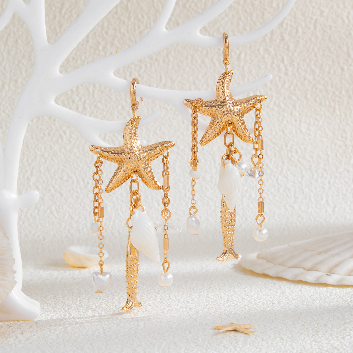 Beach Starfish Jellyfish Alloy Earring with Crystal Tassel