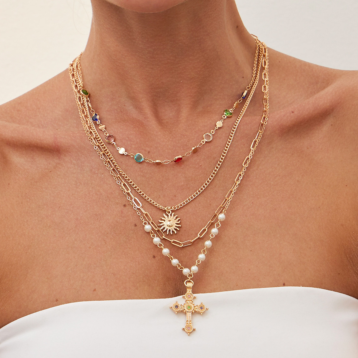 Unisex 4 - Piece Cross Crystal Chain Necklace Set