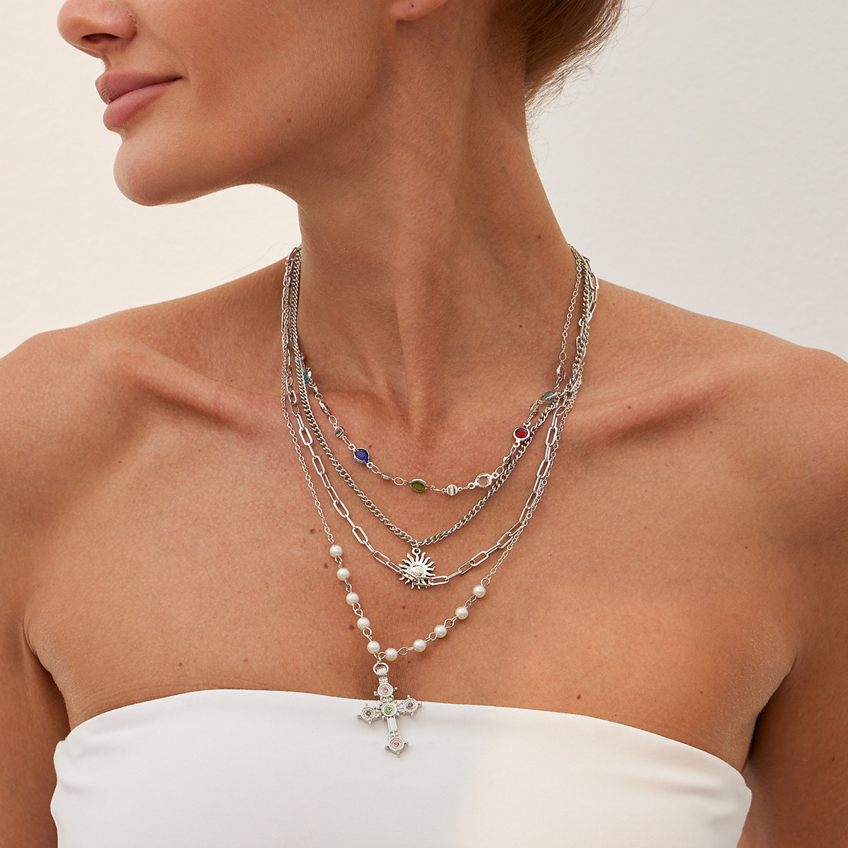 Unisex 4 - Piece Cross Crystal Chain Necklace Set