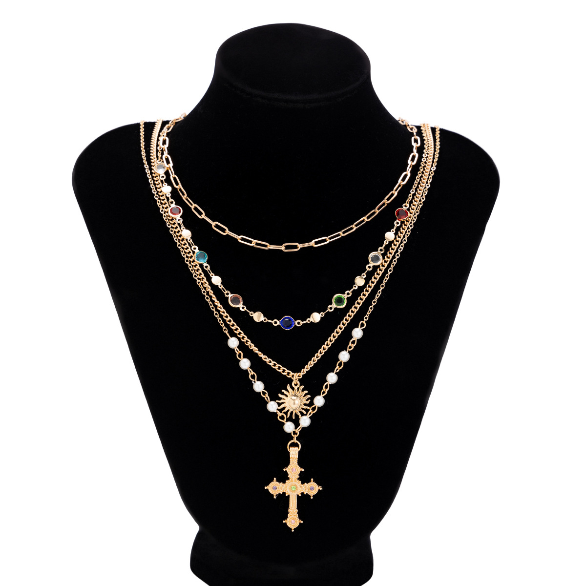 Unisex 4 - Piece Cross Crystal Chain Necklace Set