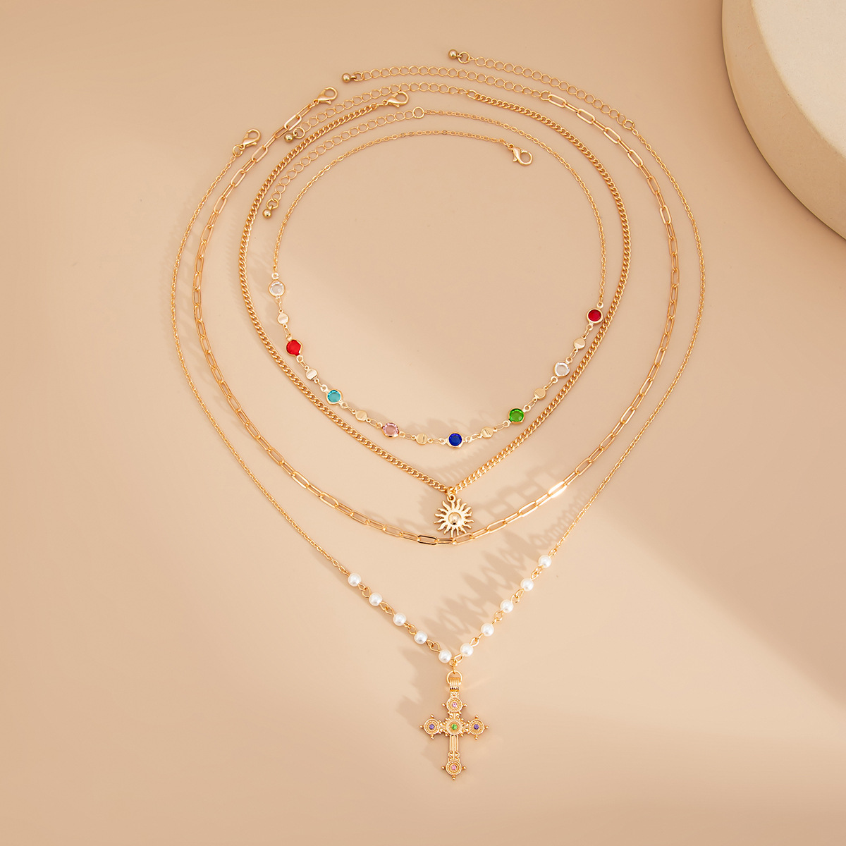 Unisex 4 - Piece Cross Crystal Chain Necklace Set