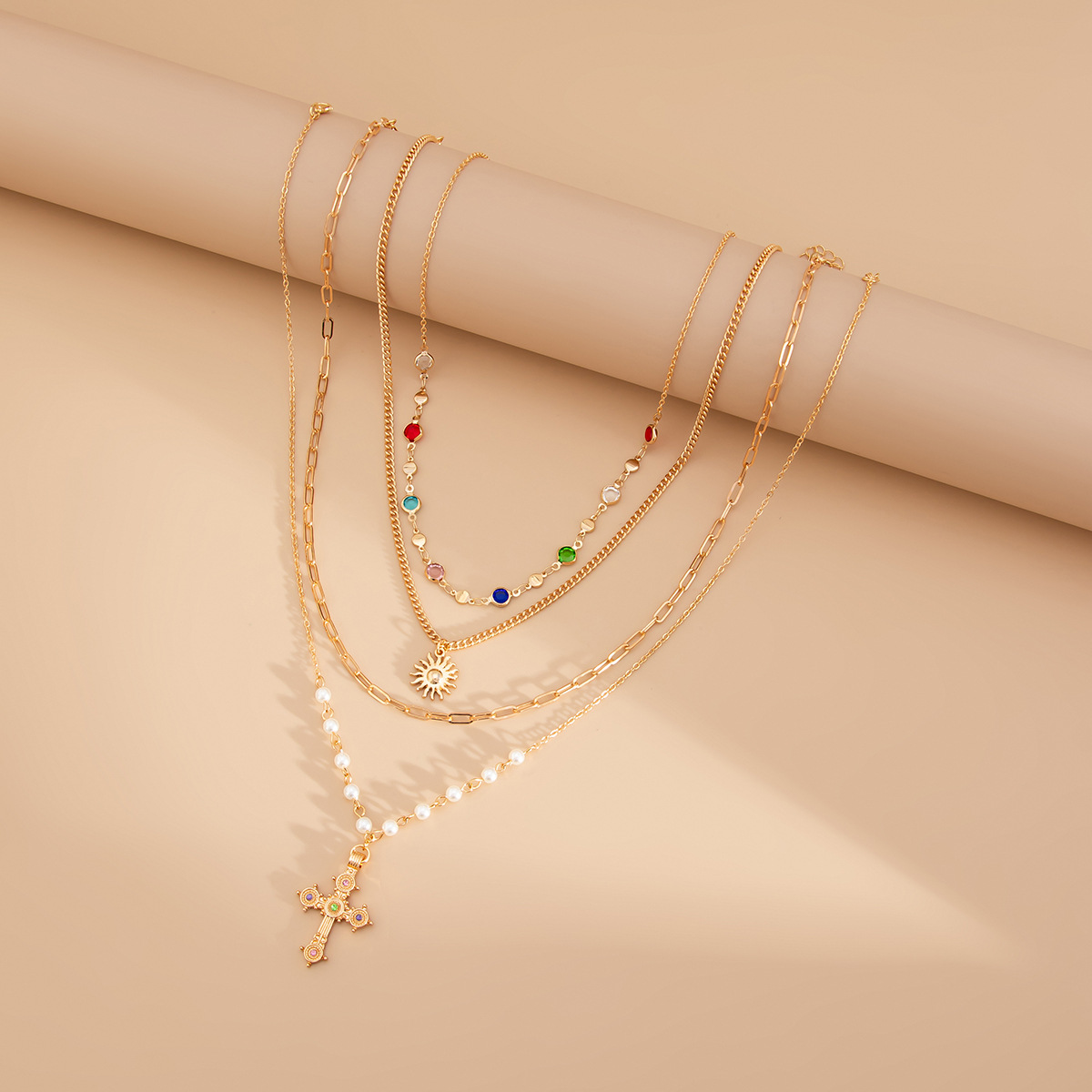 Unisex 4 - Piece Cross Crystal Chain Necklace Set