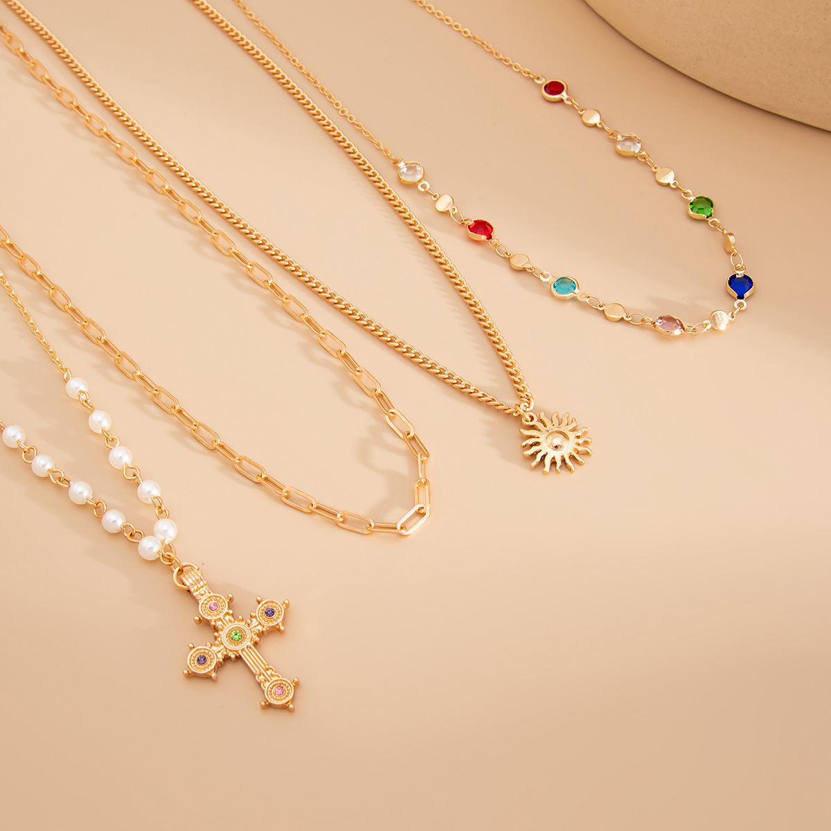 Unisex 4 - Piece Cross Crystal Chain Necklace Set