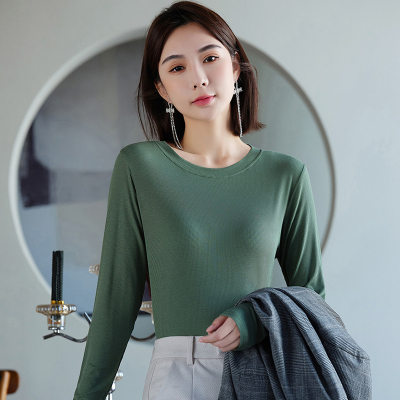 Women's Autumn Winter Long Sleeve Ribbed Round Neck T-shirt Base Layer