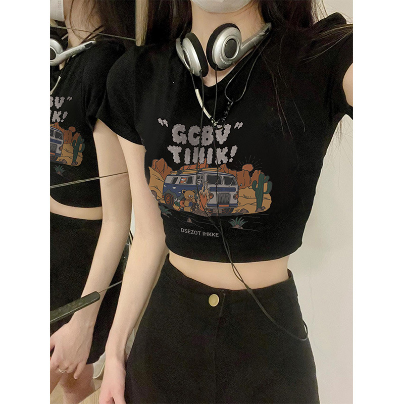 Black Car Print Shoulder T-shirt
