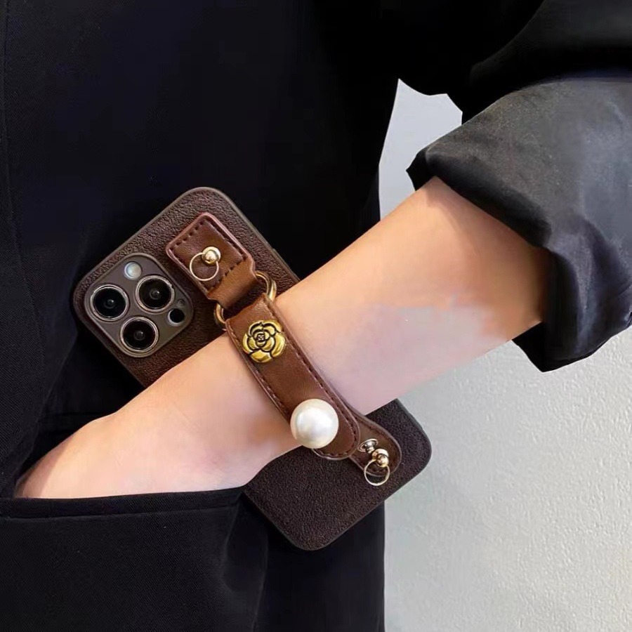 Pearl Camellia Phone Case with Wrist Strap
