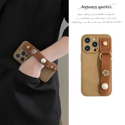 Pearl Camellia Phone Case with Wrist Strap