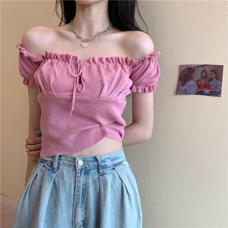 Sculpted Wood Ear Ribbon Drawstring Knit Top