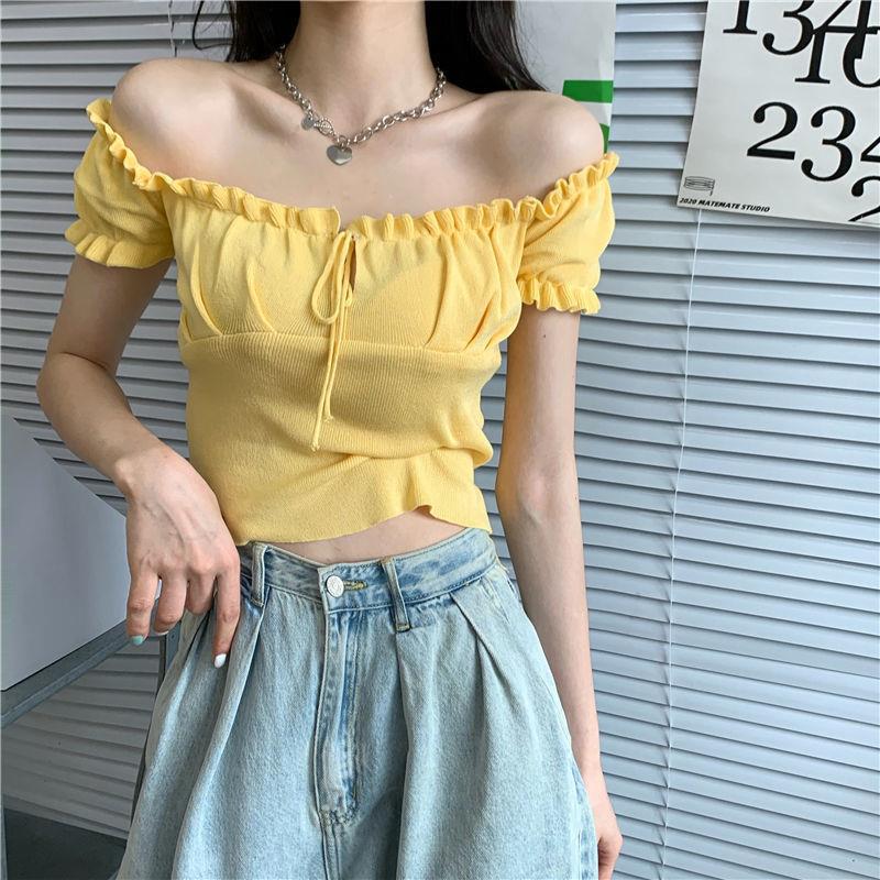 Sculpted Wood Ear Ribbon Drawstring Knit Top