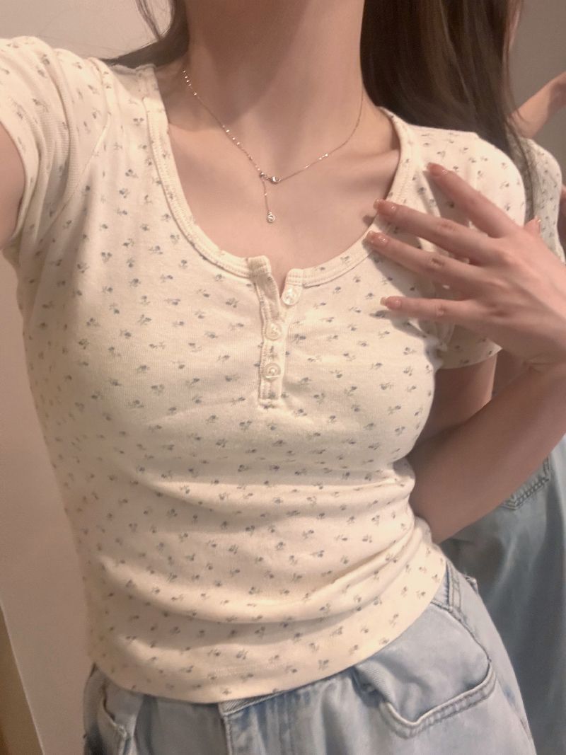 Summer Floral Print U-Neck Tee