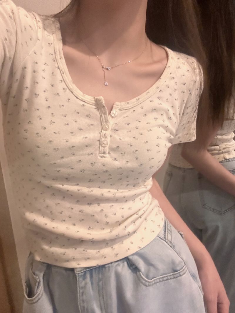 Summer Floral Print U-Neck Tee