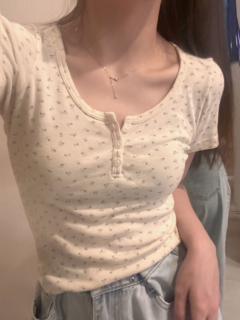 Summer Floral Print U-Neck Tee