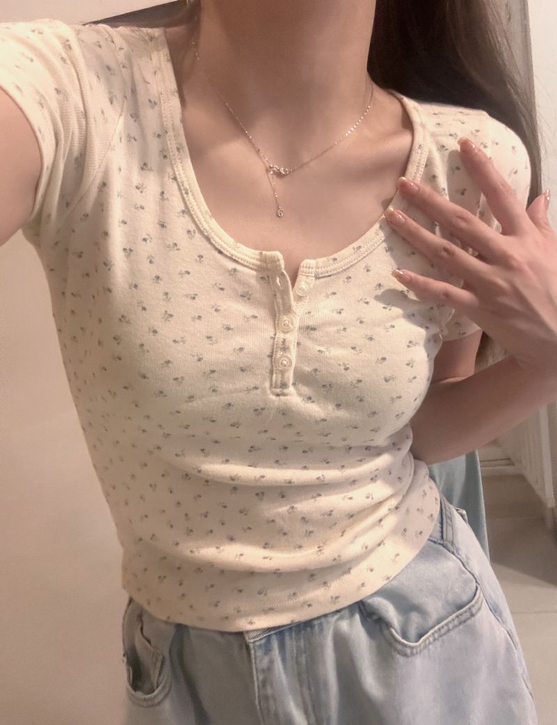 Summer Floral Print U-Neck Tee