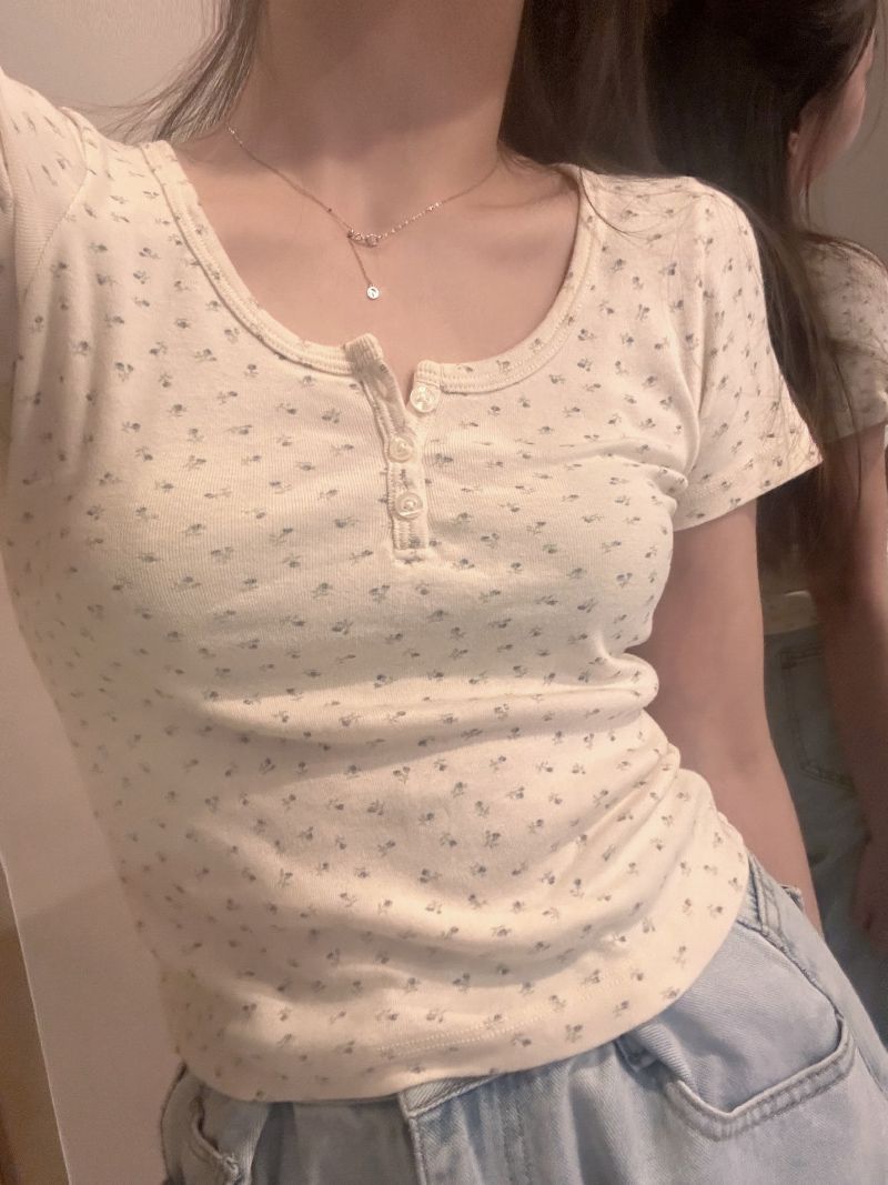 Summer Floral Print U-Neck Tee