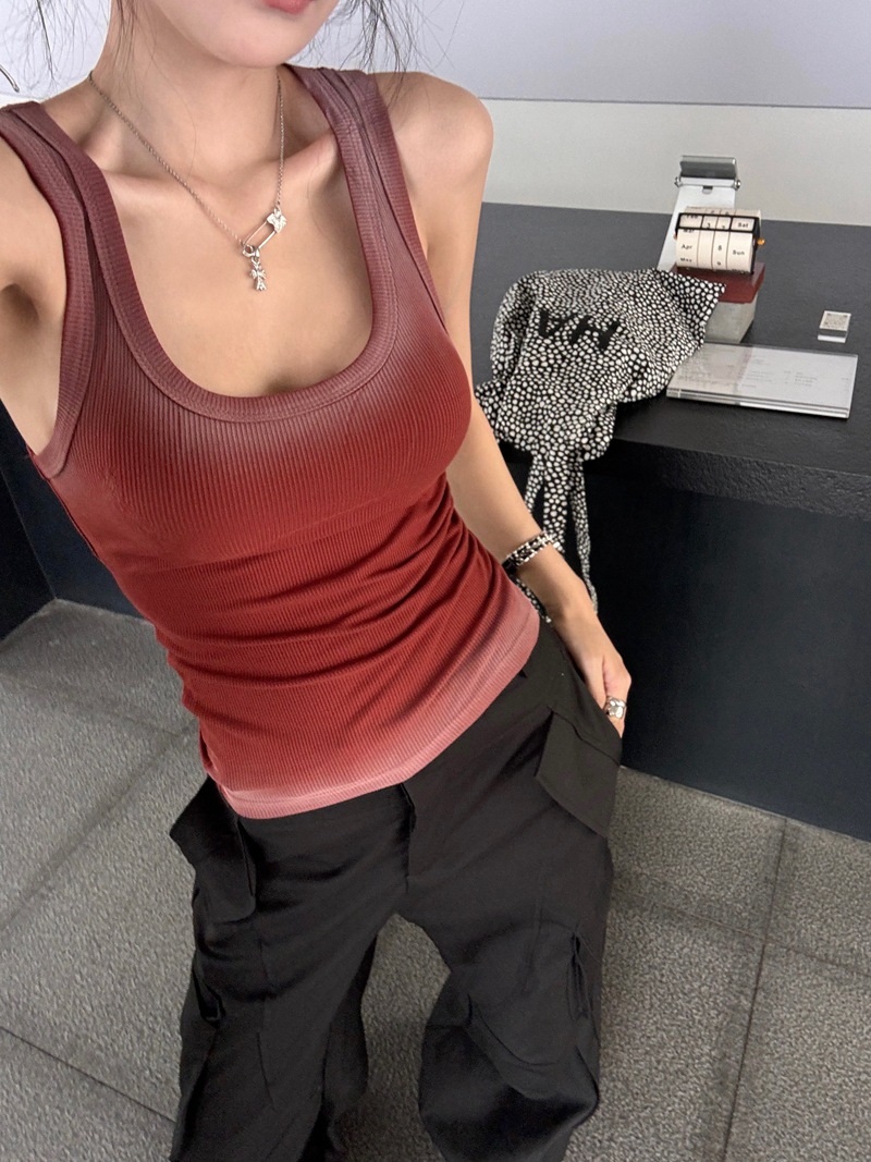 American Style Spicy Gradient Brick Red Halter Tank Top for Women's Summer Slim Fit Sleeveless Sexy Stretchy Inner Wear or Outer Wear