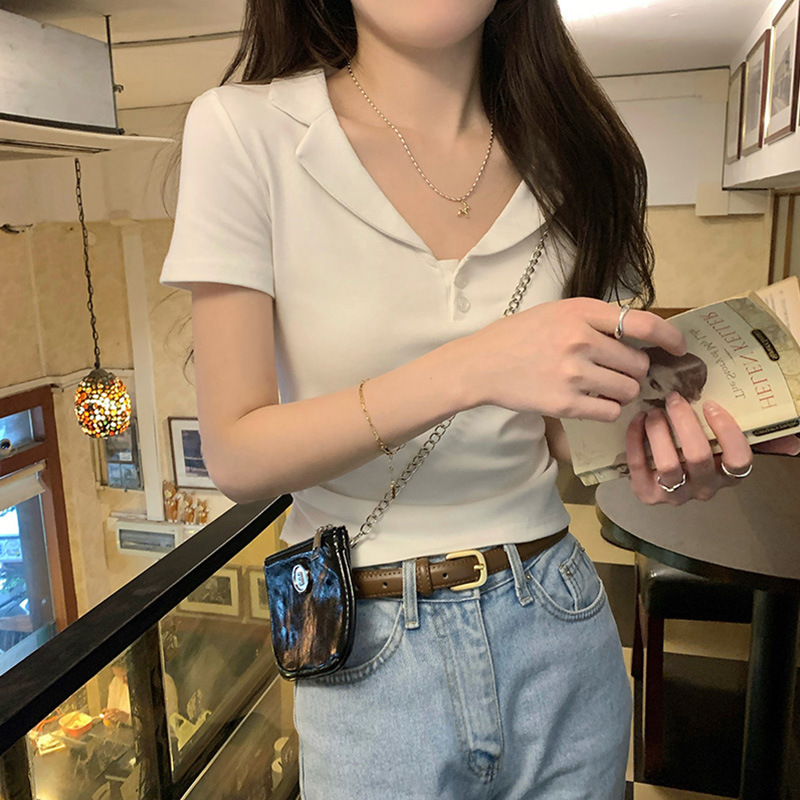Pure White Collar-Exposed Short Sleeve T-Shirt for Women's Summer 2024 New Style