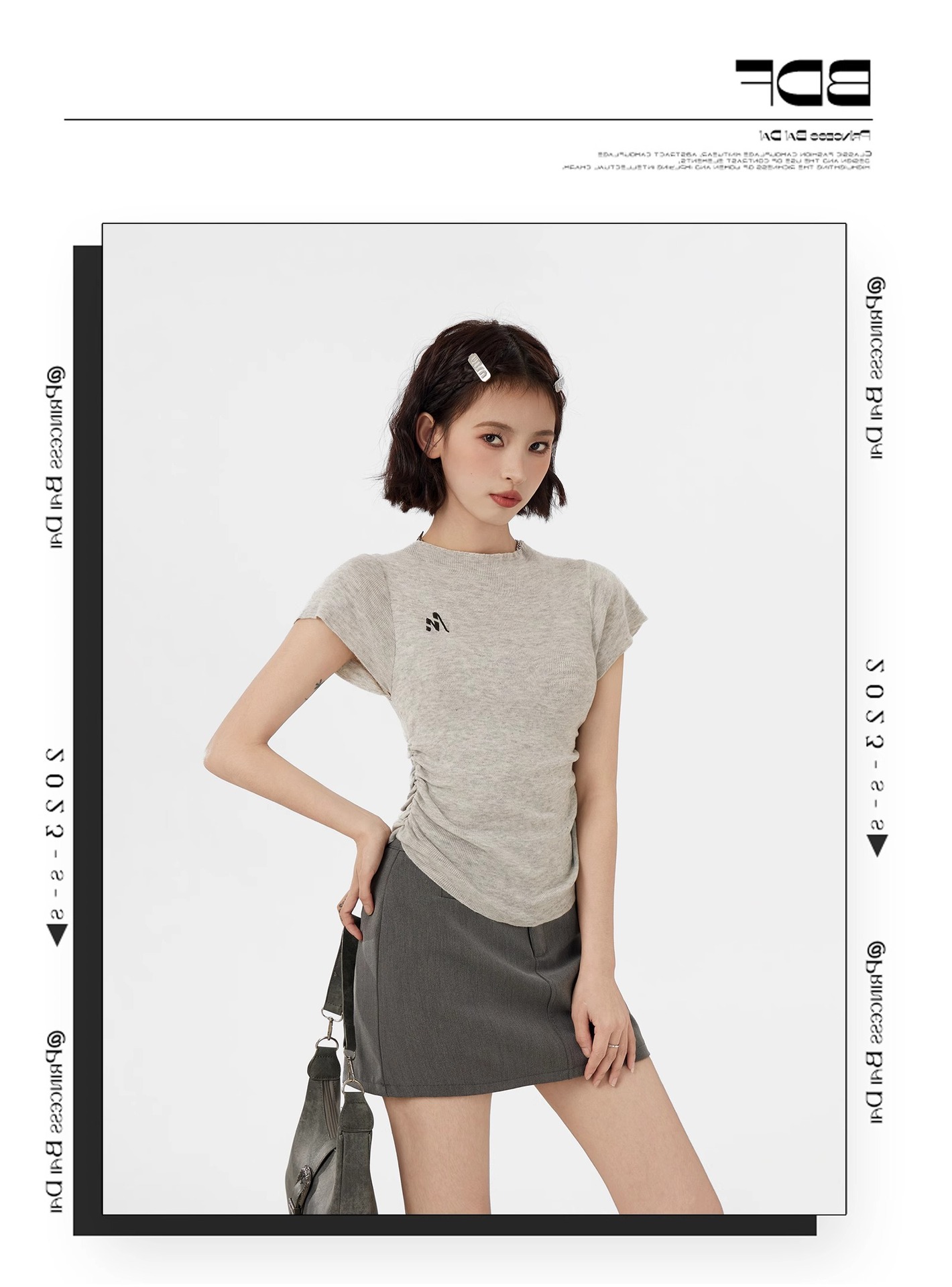 Grey Knit Short Sleeve Women's T-Shirt Spring Summer Slim Fit Waist Shaping Innerwear Half-High Collar Top
